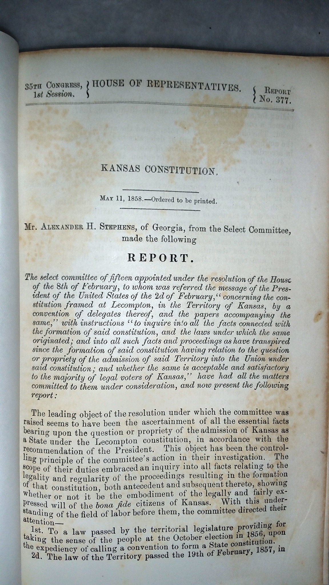 Image for Kansas Constitution (35th Congress, 1st Session, House of Representatives, Report No. 377)