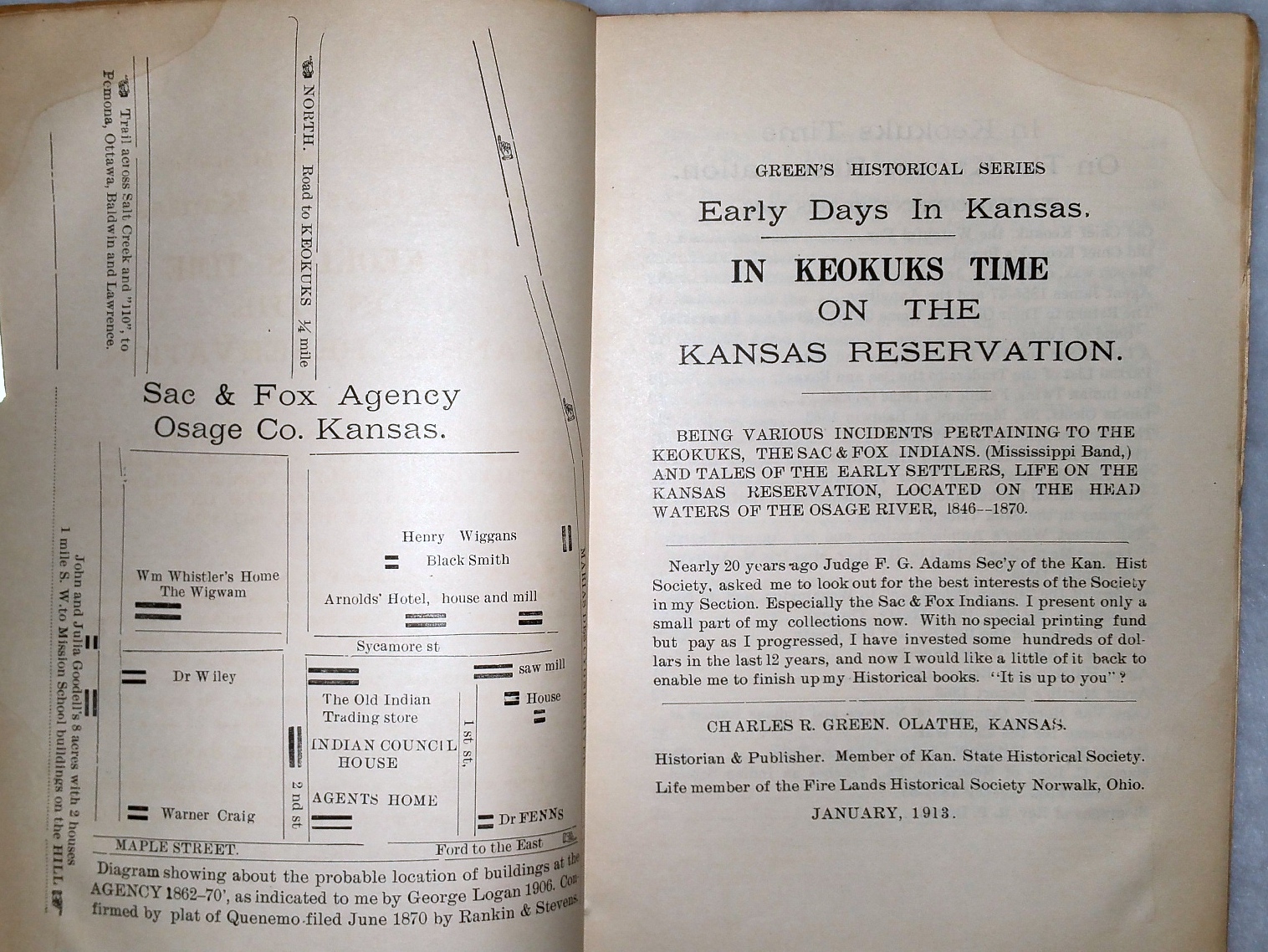 Green's Historical Series. Early Days in Kansas. In Keokuks Time on the Kansas Reservation. Being Various Incidents Pertaining to the Keokuks, The Sac & Fox Indians (Mississippi Band,) and Tales of the Early Settlers, Life on the Kansas Reservation.