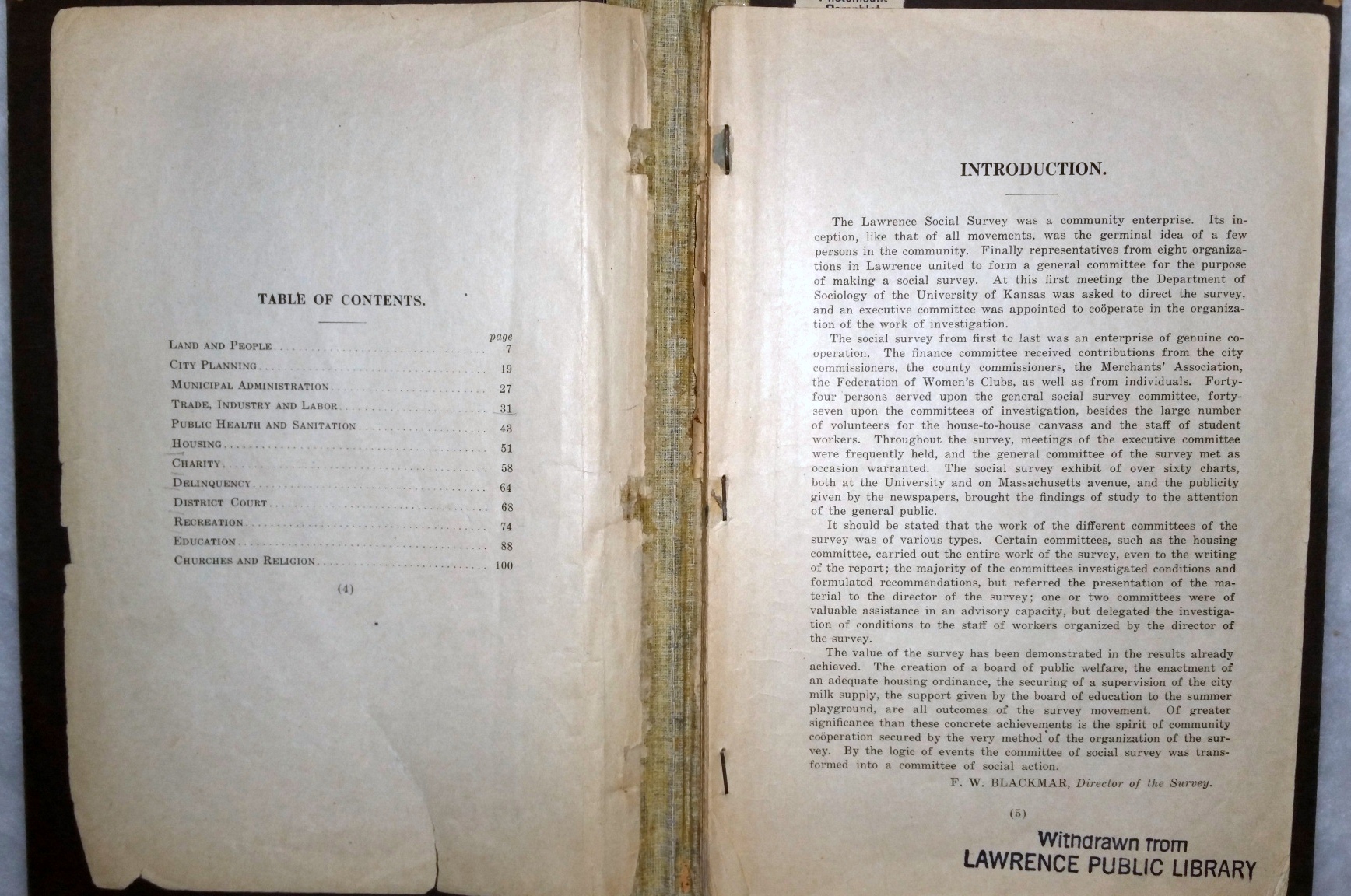 Image for Lawrence Social Survey: Report of F. W. Blackmar, Director, and E. W. Burgess, Field Surveyor, University of Kansas, To the Lawrence Social Survey Committee, Lawrence, Kansas