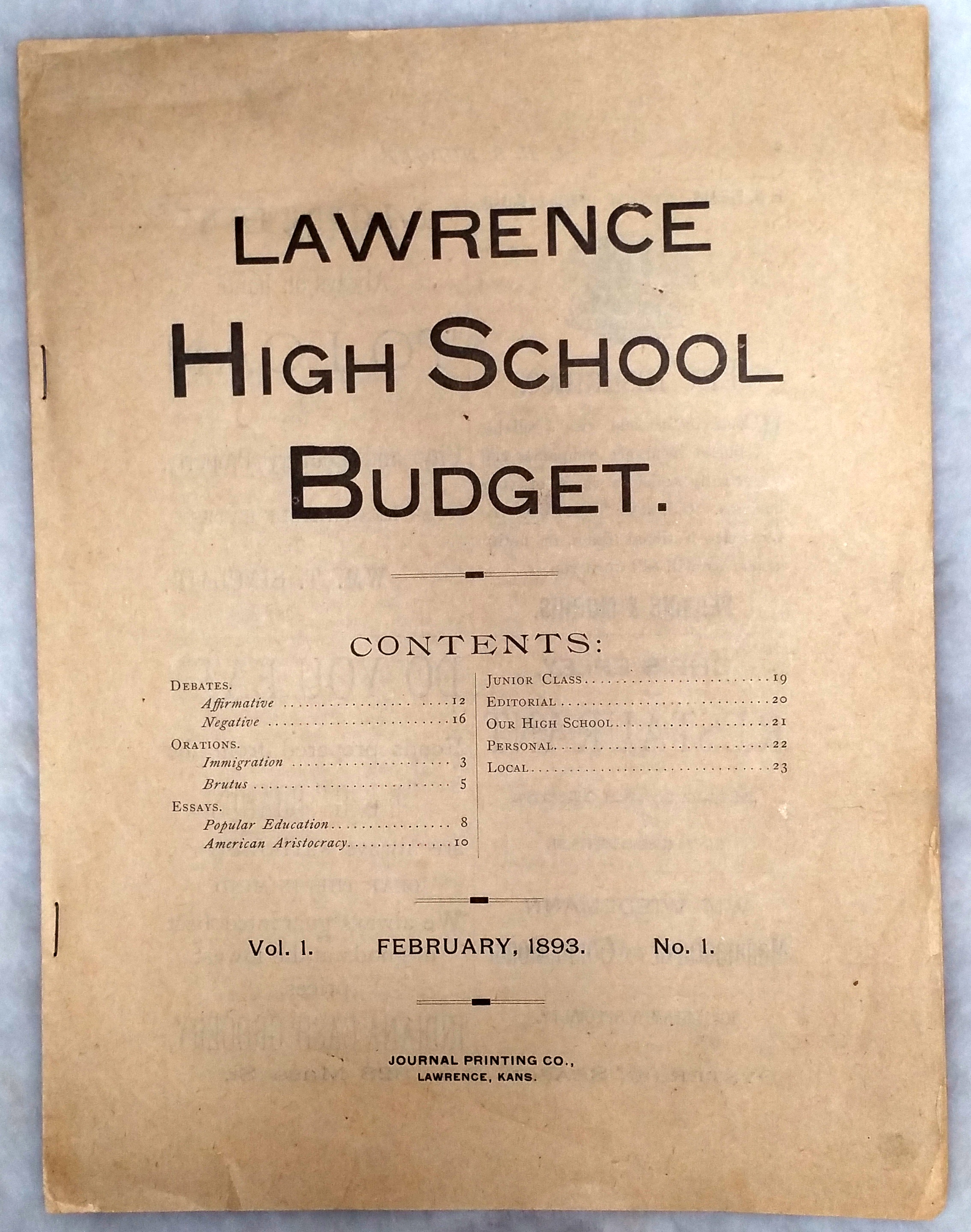 Image for L. H. S. [Lawrence High School] Budget, Vol. 1, No. 1, February 22, 1893
