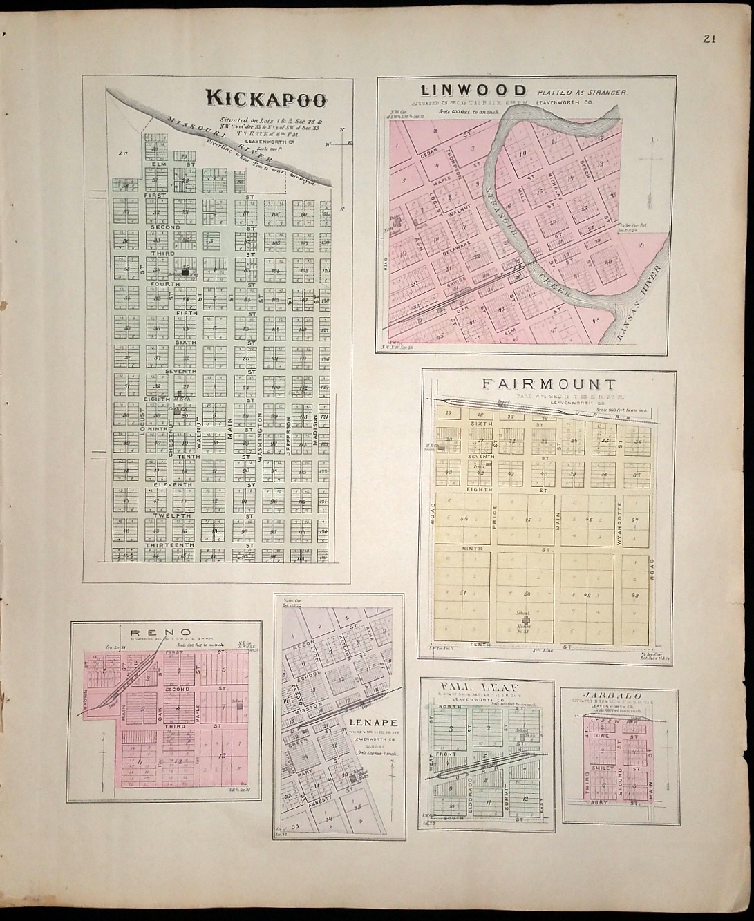 Image for [Map] Kickapoo, Linwood, Fairmount, Reno, Lenape, Fall Leaf, and Jarbalo (of Leavenworth County, Kansas) [backed with] Lansing and Progress, Easton, & Tonganoxie (of Leavenworth Co.), Severance (of Doniphan Co.), and Lecompton (of Douglas Co.)