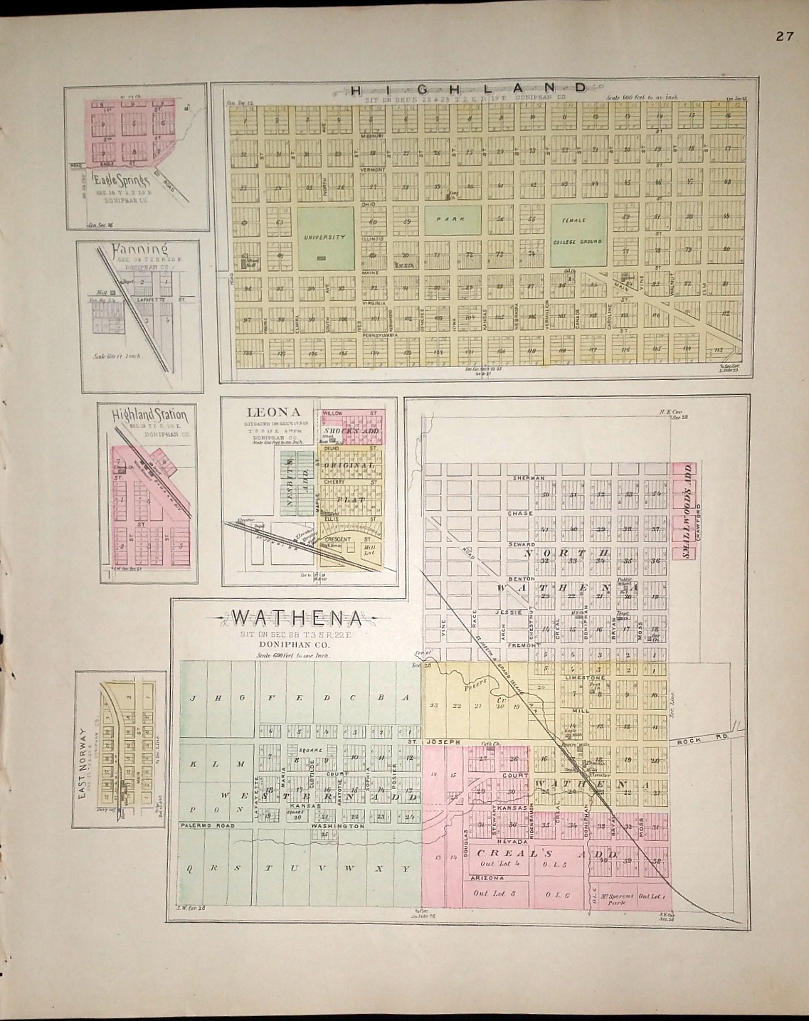 Image for [Map] Highland, Leona, Wathena, Eagle Springs, Hanning, Highland Station, & East Norway (of Doniphan County, Kansas) [backed with] Troy & Doniphan (of Doniphan Co.), Farmington, Parnell Sta., Huron, Cummings, Shannon, Larkin, & Monrovia (of Atchison Co.)