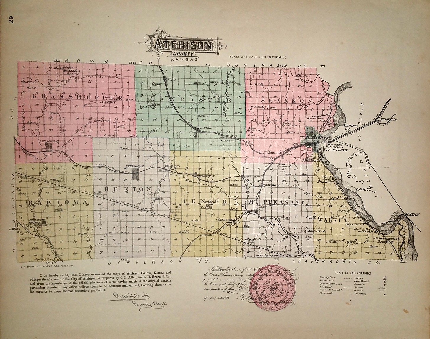 Image for [Map] Atchison County, Kansas [backed with] Effingham, Muscotah, & Lancaster (of Atchison Co.), Prescott, Trading Post, & Barnard (of Linn Co.)