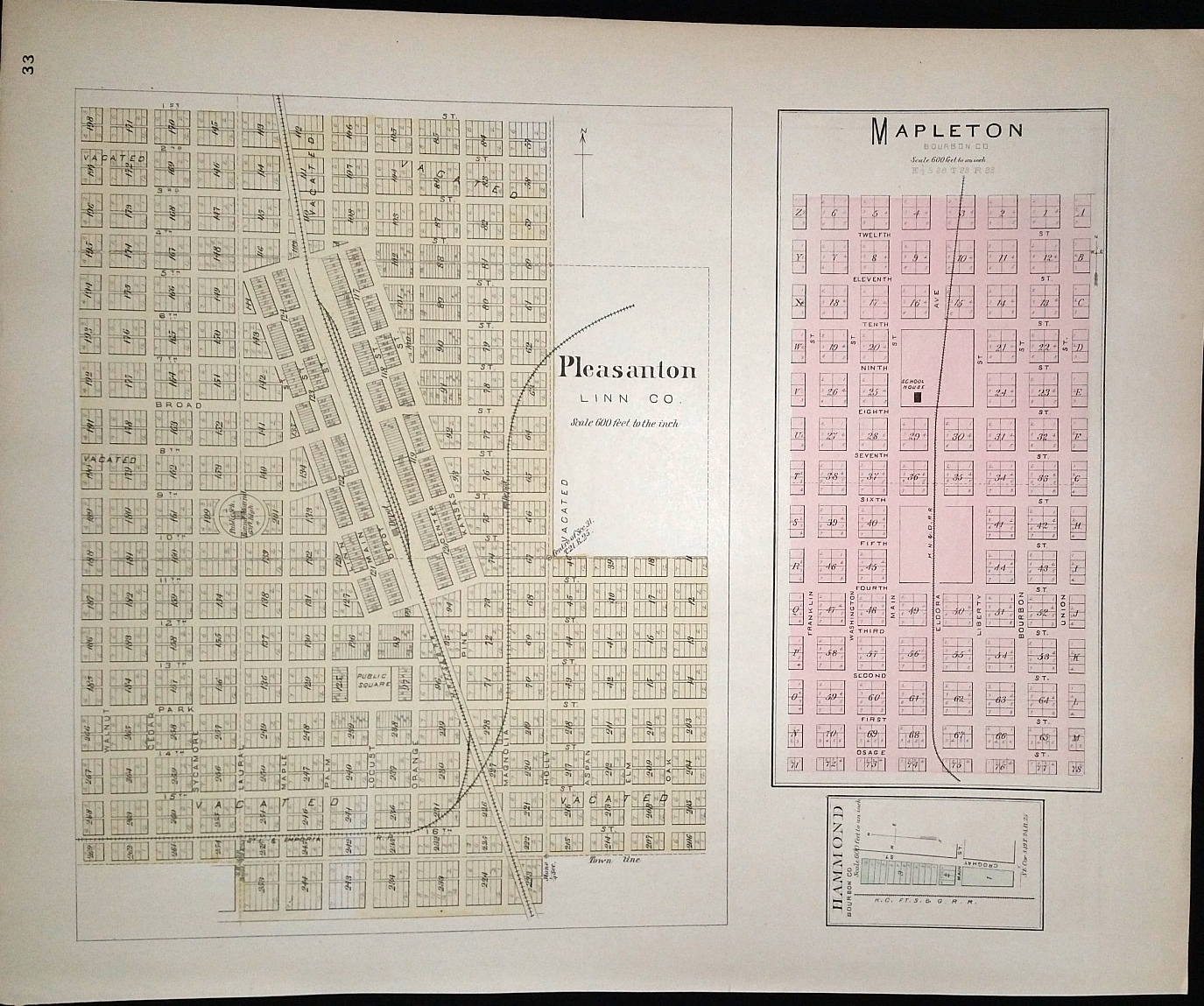 Image for [Map] Pleasanton (of Linn Co.) & Mapleton (of Bourbon Co.) [backed with ] La Cygne (of Linn Co.) Fulton, Devon & Eastwood, Marmaton, Hiattville, & Uniontown (of Bourbon County, Kansas)