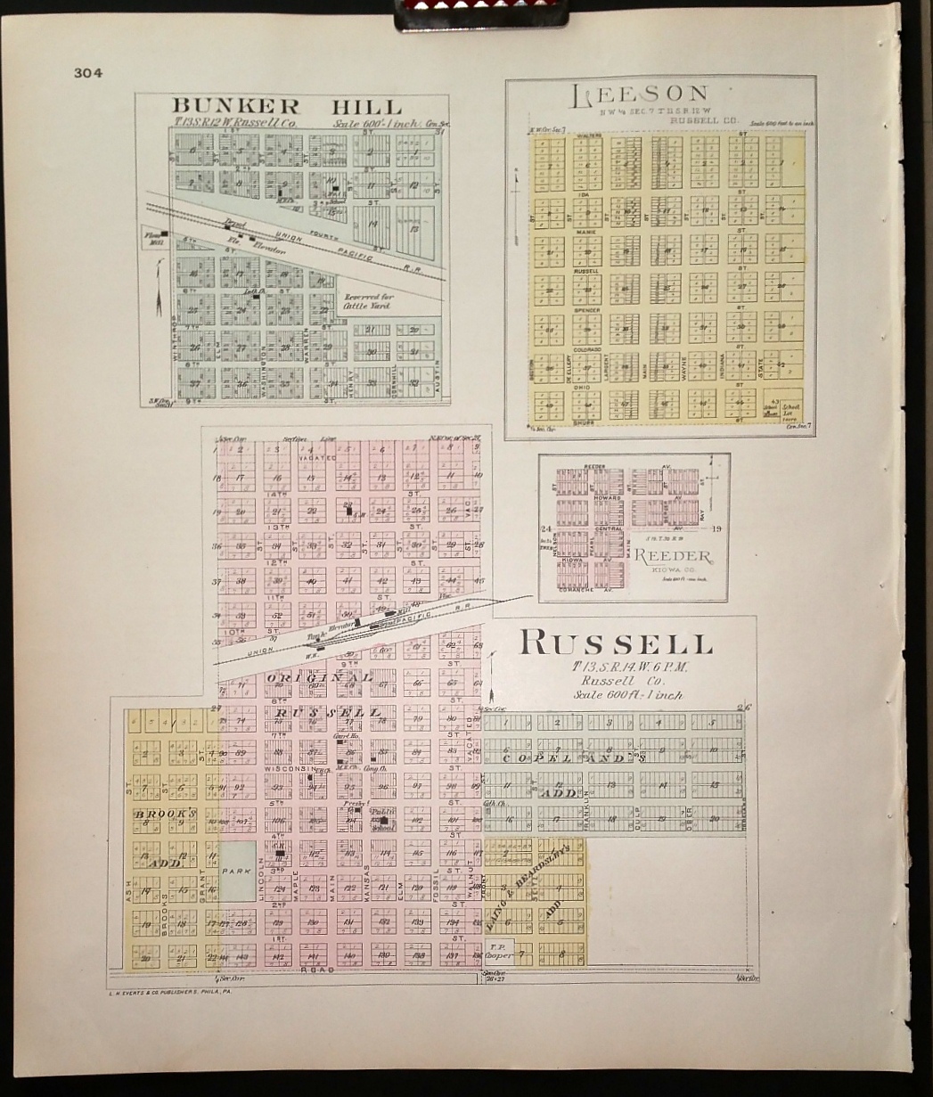 Image for [Map] Russell County, Kansas [backed with] Bunker Hill, Leeson, & Russell (of Russell Co.), and Reeder (of Kiowa Co.)