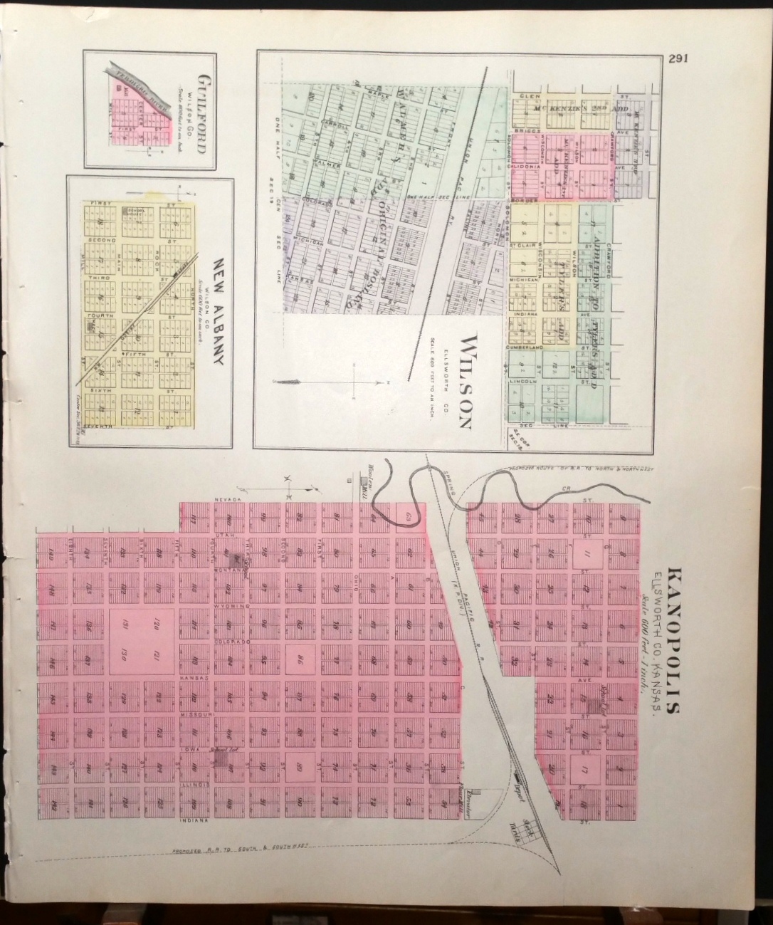 Image for [Map] Wilson, & Kanopollis (of Ellsworth County, Kansas), Gullford, and New Albany (of Wilson Co.) [backed with] Wilson Co.