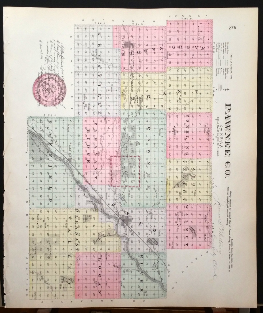 [Map] Pawnee County, Kansas [backed with] Browns Grove, and Burdett (of