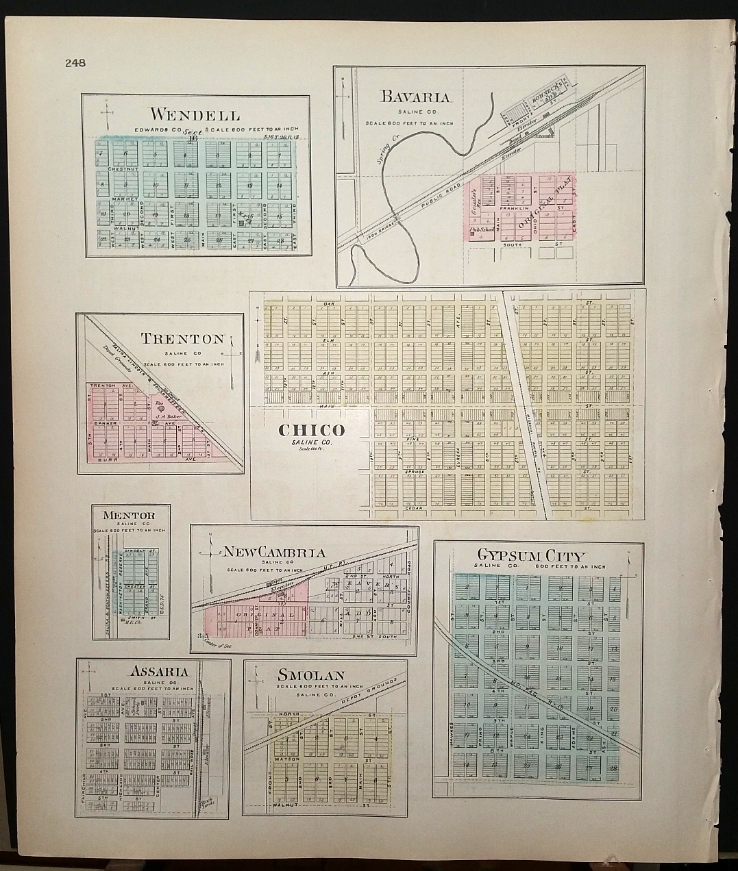 Image for [Map] Kinsley (of Edwards County, Kansas) [backed with] Wendell (of Edwards Co.), Bavari, Trenton, Chico, Mentor, New Cambria, Gypsum City, Assaria, & Smolan (of Saline Co.)