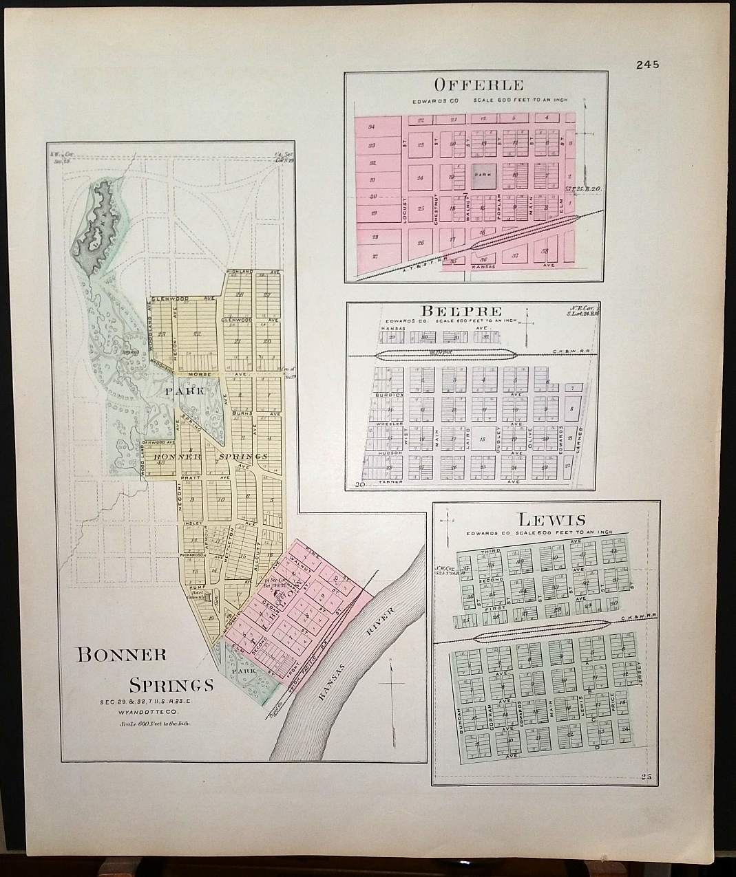 Image for [Map] Bonner Springs (of Wyandotte County, Kansas), Offerle, Belpre, & Lewis (of Edwards Co.) [backed with ] Edwards Co.