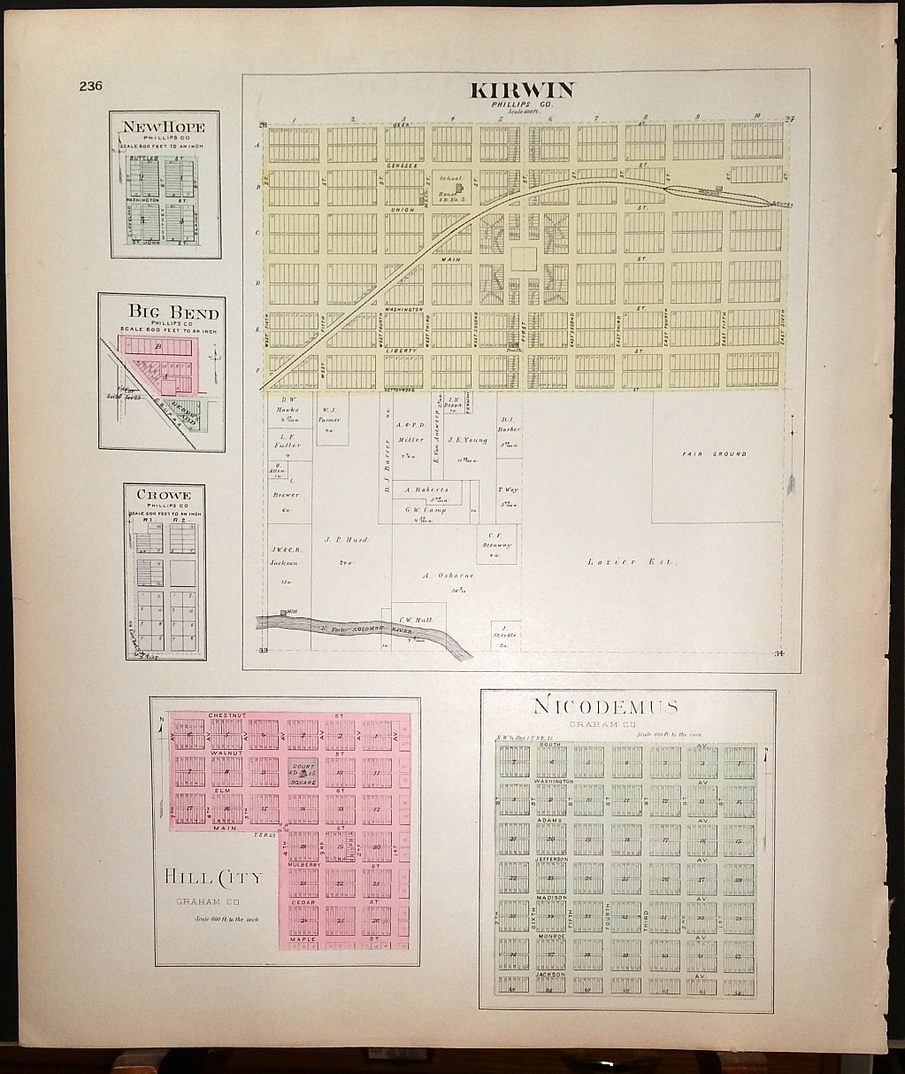 Image for [Map] Graham County, Kansas [backed with] Kirwin, New Hope, Big Bend, Crowe (of Phillips Co.), Nicodemus, & Hill City (of Graham Co.)