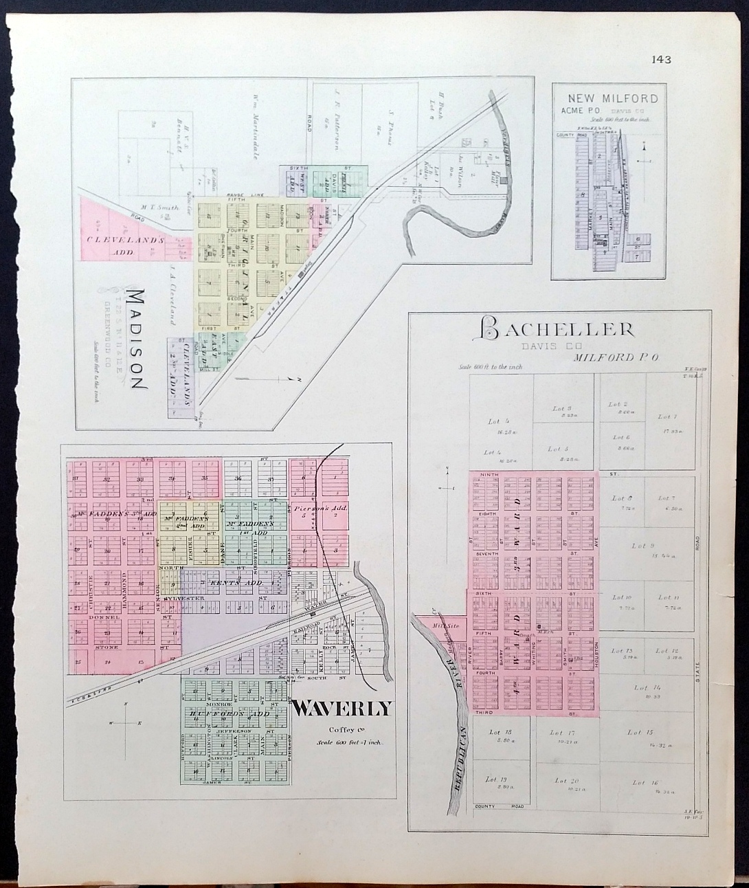 Image for [Map] Madison (of Greenwood County, Kansas), Waverly (Coffey Co.), New Milford, Bacheller (of Davis Co., Now Geary County) [backed with] Davis Co. (now Geary Co.)