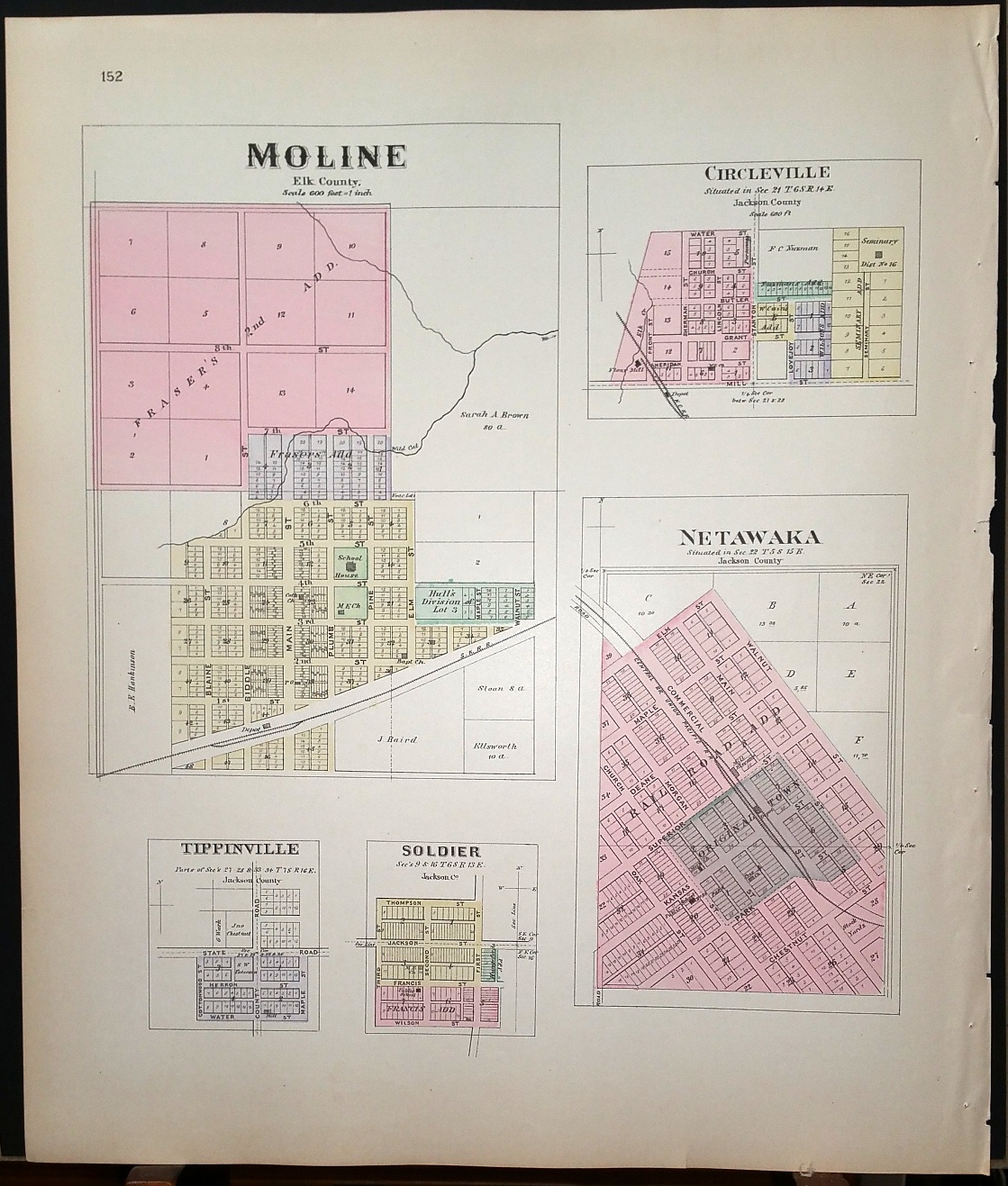 Image for [Map] Howard & Grenola (Elk County, Kansas) [backed with] Moline (Elk Co.), Circleville, Netawaka, Tippinville, & Soldier (Jackson Co.)