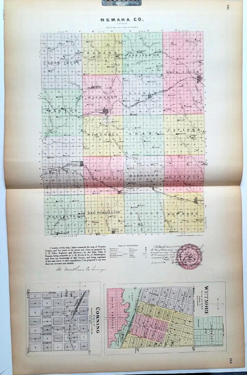 Image for [Map] Nemaha County, Kansas, with Wetmore & Corning of Nemaha Co. [backed with]  Seneca, Oneida, Goffs, & Baileyville of Nemaha Co., And Reece, Fall River, Hamilton Neal, & Climax of Greenwood Co.