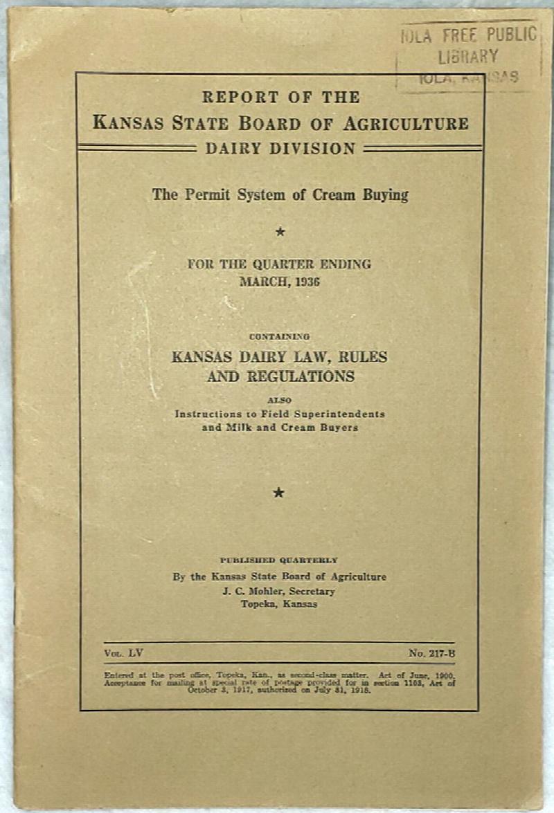 Image for The Permit System of Cream Buying.  Report of the Kansas State Board of Agriculture for the Quarter Ending March, 1936