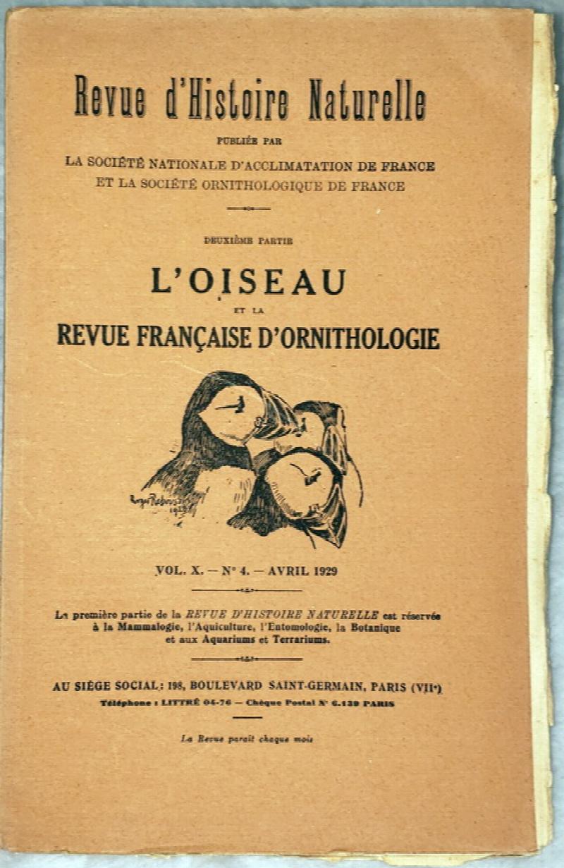 Image for Revue d'Histoire Naturelle deuxieme Partie L'Oiseau et La Revue Francaise D'Ornithologie, Vol. X, No 4, Avril 1929