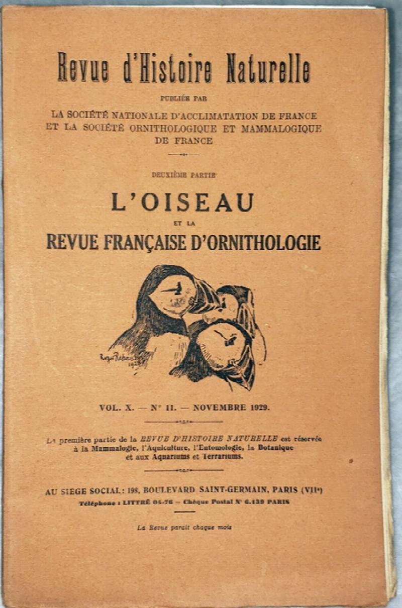 Image for Revue d'Histoire Naturelle deuxieme Partie L'Oiseau et La Revue Francaise D'Ornithologie, Vol. X, No 11, Novembre 1929