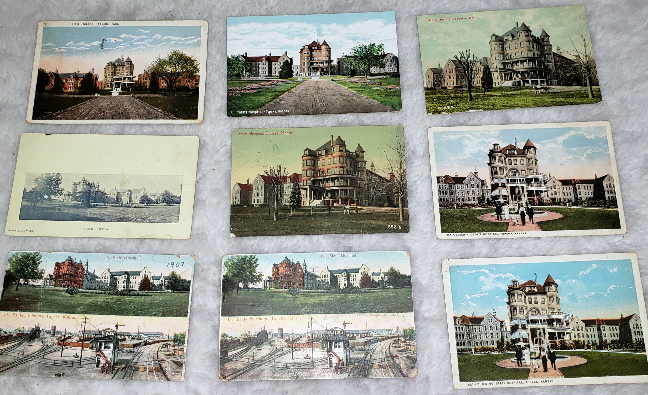 Nine Postcard lot of Topeka State Hospital in Topeka, Kansas