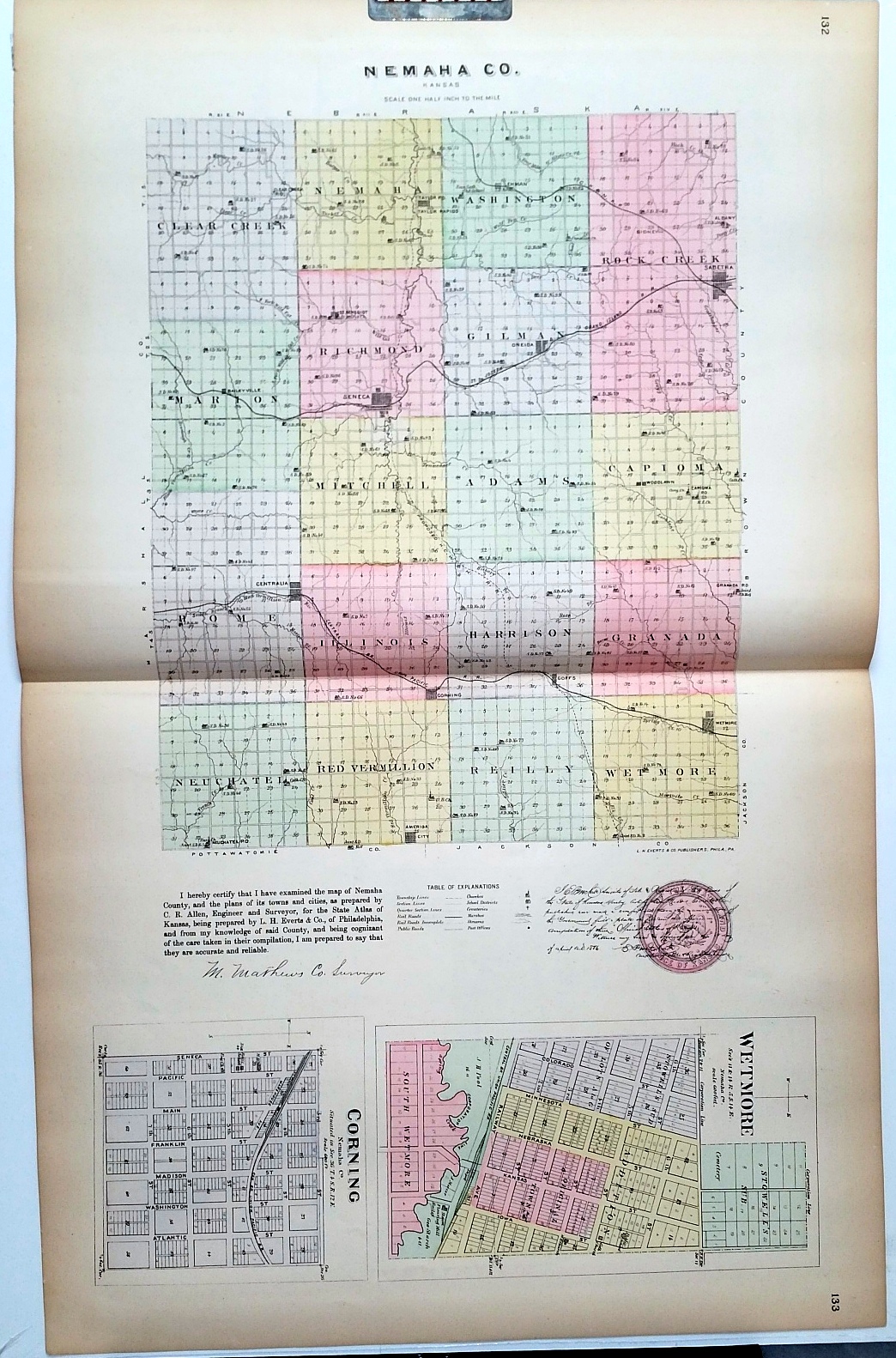 [Map] Nemaha County, Kansas, with Wetmore & Corning of Nemaha Co. [backed with] Seneca, Oneida