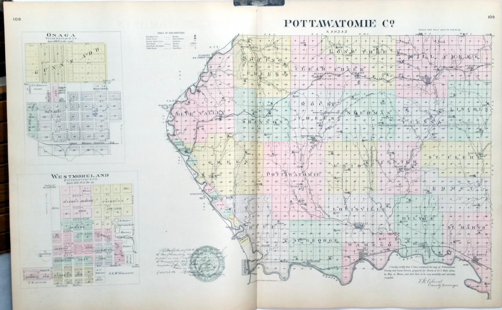 [Map] Pottawatomie County, Kansas, with Onaga & Westmoreland of
